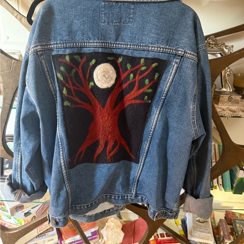 Like New Blue Denim Jacket with Felted Design